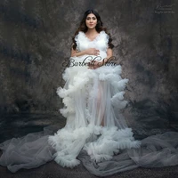 fashion white ruffles tulle pregnant woman dresses to photo shoot see thru long tulle robe tiered ruffles bridal dress vestidos