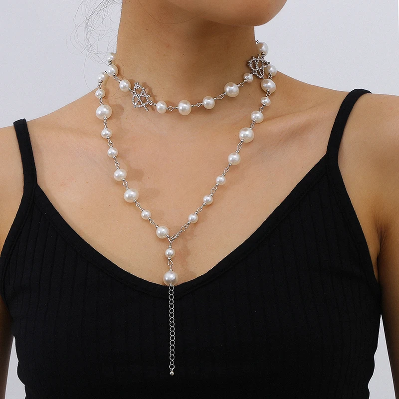 

SHIXIN Simulated Pearl Choker Hollow Crystal Heart Necklace for Women Long Tassel Necklaces on Neck 2020 Wedding Jewelry Fashion