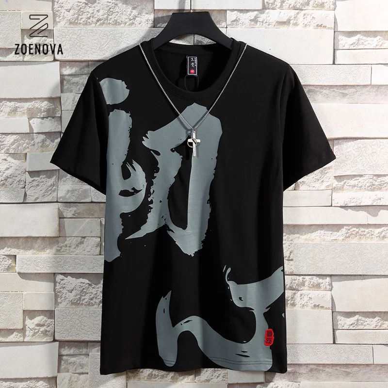 

ZOENOVA Brand Men's Loose Tshirt Fashion Chinese Character Print T Shirt For Men Black Cotton Tee Tops Streetwear Male Camiseta