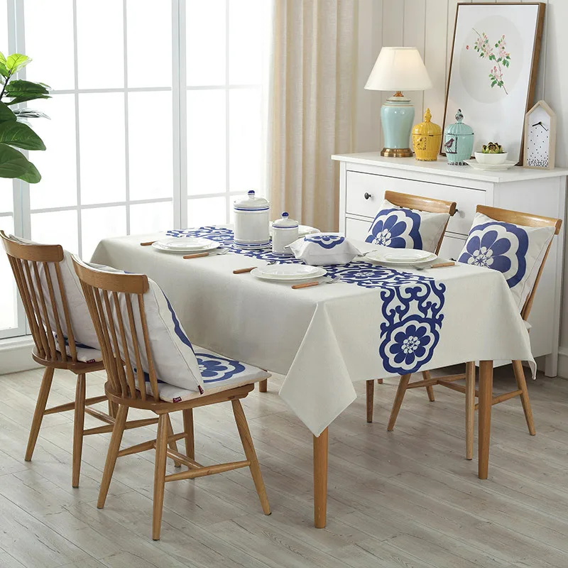 Декоративная национальная скатерть водонепроницаемая синяя Цветочная