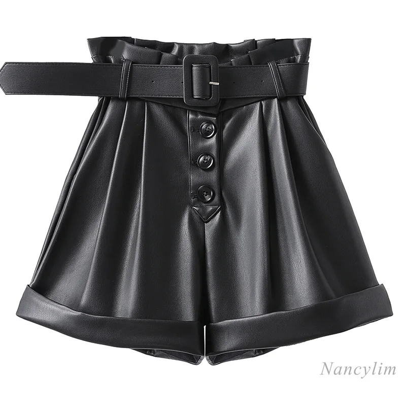 

Черные женские шорты из искусственной кожи, новинка осень-зима 2020, модные облегающие шорты с высокой талией и широкими штанинами в Корейско...