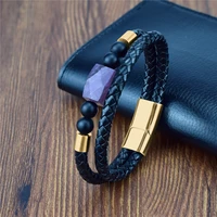 2021 new unique shape natural purple stone mens beads bracelet black genuine leather bracelets for men jewelry magnetic clasp