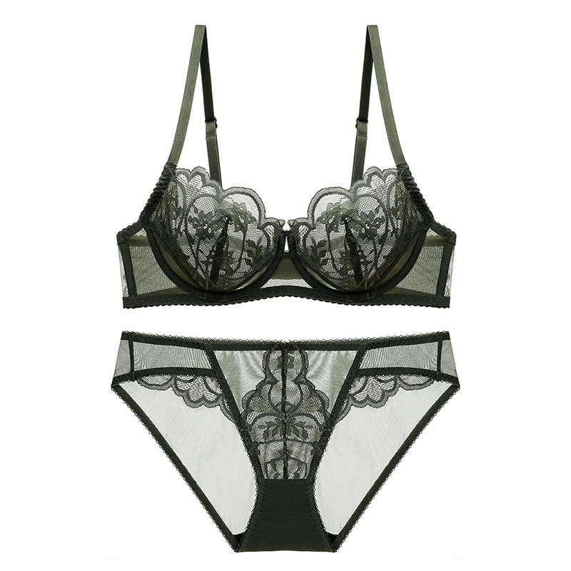 

2021 New Lace Ultra Thin Bra Sets Sexy Mesh Transparent Panty Set Underwear Women Plus Size Lingerie A B C D E Cup 95C 95D