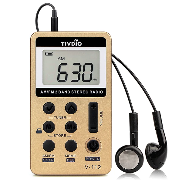 2 шт. RETEKESS V112 Мини Радио Карманный AM FM 2 полосный музыкальный радиоприемник Bulit-in Динамик Наушники для спорта на открытом воздухе F9202C - Цвет: Золотистый