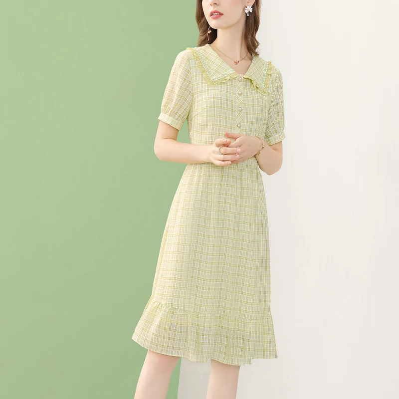 

EVNISI Women French Peter Pan Collar Plaid Dresses Summer Button Sweet Dress Short Sleeve High Waist Elegant A-line Dresses