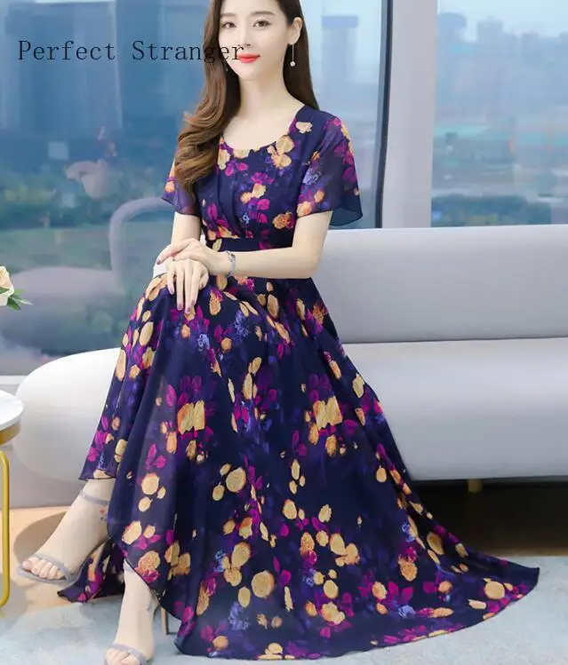 

2021 Summer High Quality Elegant V Collar Short Sleeve Flower Printed Collect Waist Woman Chiffon Long Dress M-4XL
