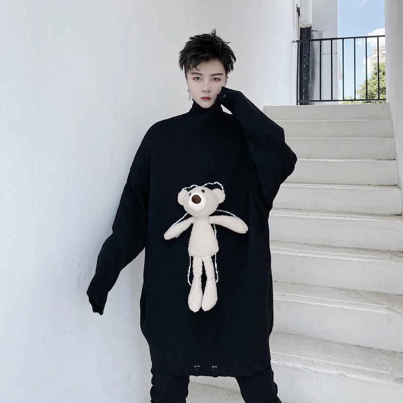 

Корейский мужской джемпер с высоким воротником, Модный повседневный пуловер, мультяшный медвежонок, Мужская трикотажная одежда, уличная од...