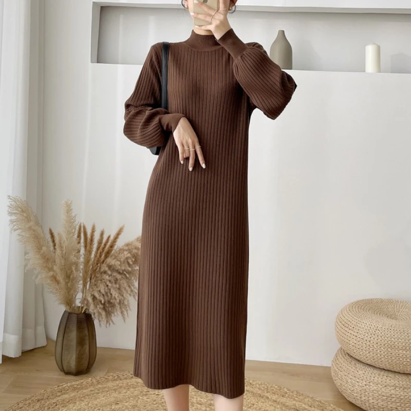 

Women's Autumn Winter Warm Half High Collar Knitted Dress Full Sleeve Straight Sweater Vestidos Femme Elegant Midi Dress Ropa
