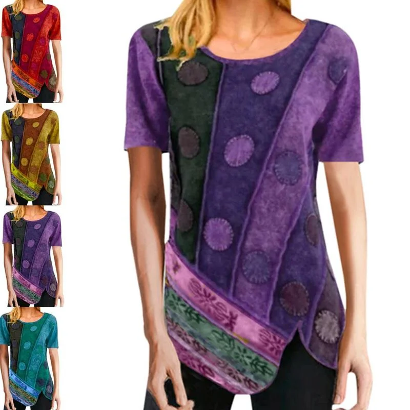 

Irregular Hem Women Crew Neck Short Sleeve Tops Casual Printed T Shirts