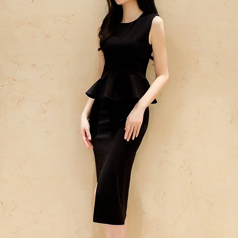 

Customized 2018 Spring Summer New Fake Two Piece Dress Office Lady Gaga Slim Ruffles Sleeveless Vest Open Slit Pencil Dresses