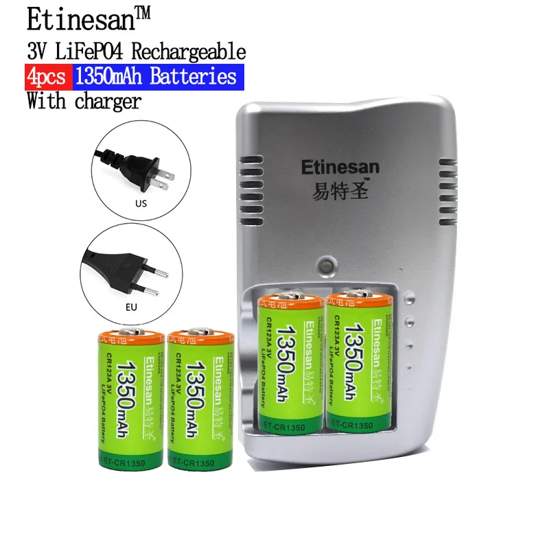4pcs CR123A 1350mAh 3v Li-ion Battery Rechargeable Etinesan Batteries + 123A Charger |