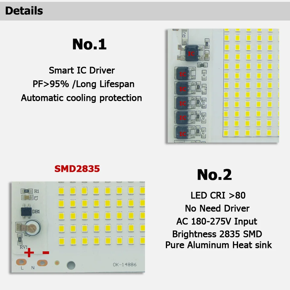 AC220V светодиодный PCB 20 Вт 30 Вт 50 Вт 100 Вт 200 Вт Светодиодный модуль прожектора алюминиевая пластина белый/теплый SMD2835 умный IC драйвер для прожектора лампы
