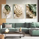 Настенная роспись, тропические зеленые растения, абстрактное искусство, холст, печать, золотой монстера, лист, плакат, Современная гостиная, роскошная картина