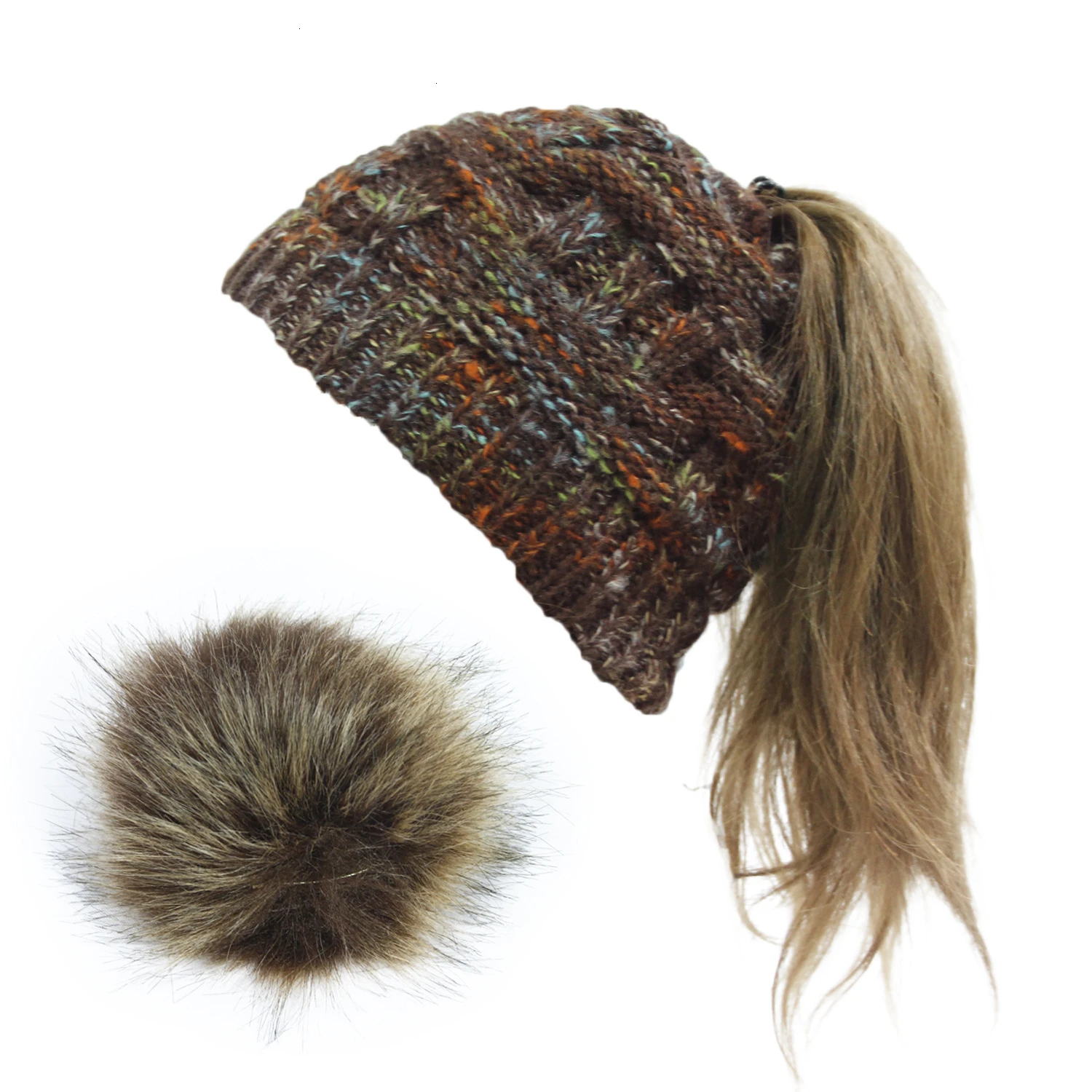 

Winter Knitted Beanie Hat with Faux Fur Pom Warm Knit Skull Cap Beanie for Women