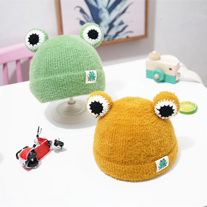 Зимняя теплая вязаная детская шапка милая мультяшная большая лягушка для