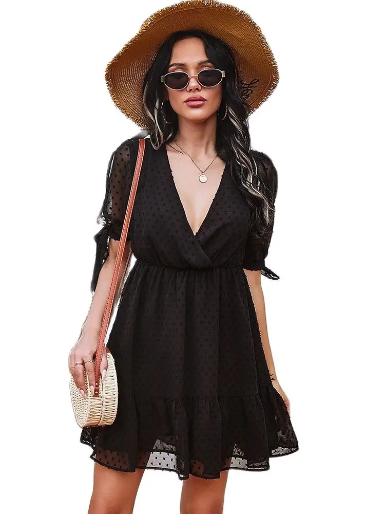 

New Design Good Quality Factory Price Fashion Hot Selling Women's Printed Sexy V-Neck Lace Short-Sleeved Dress