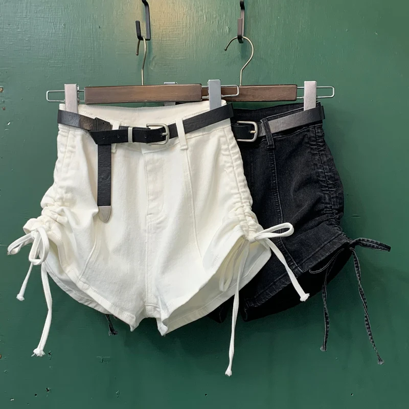 

Summer retro lace-up drawstring denim shorts women high waist skinny shorts