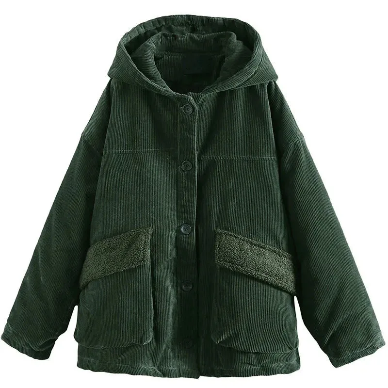 

Women's Corduroy Red wine Jacket New Autumn Winter Jackets Large Size Plus Velvet Thickening Keep Warm Cotton Coat Windbreaker