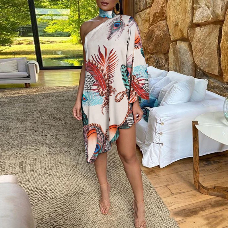 

Women Autumn Irregular Peacock Print Dress Vintage Sexy Halter One-shoulder Long Sleeve Dress for Club Party Night Dress Vestido