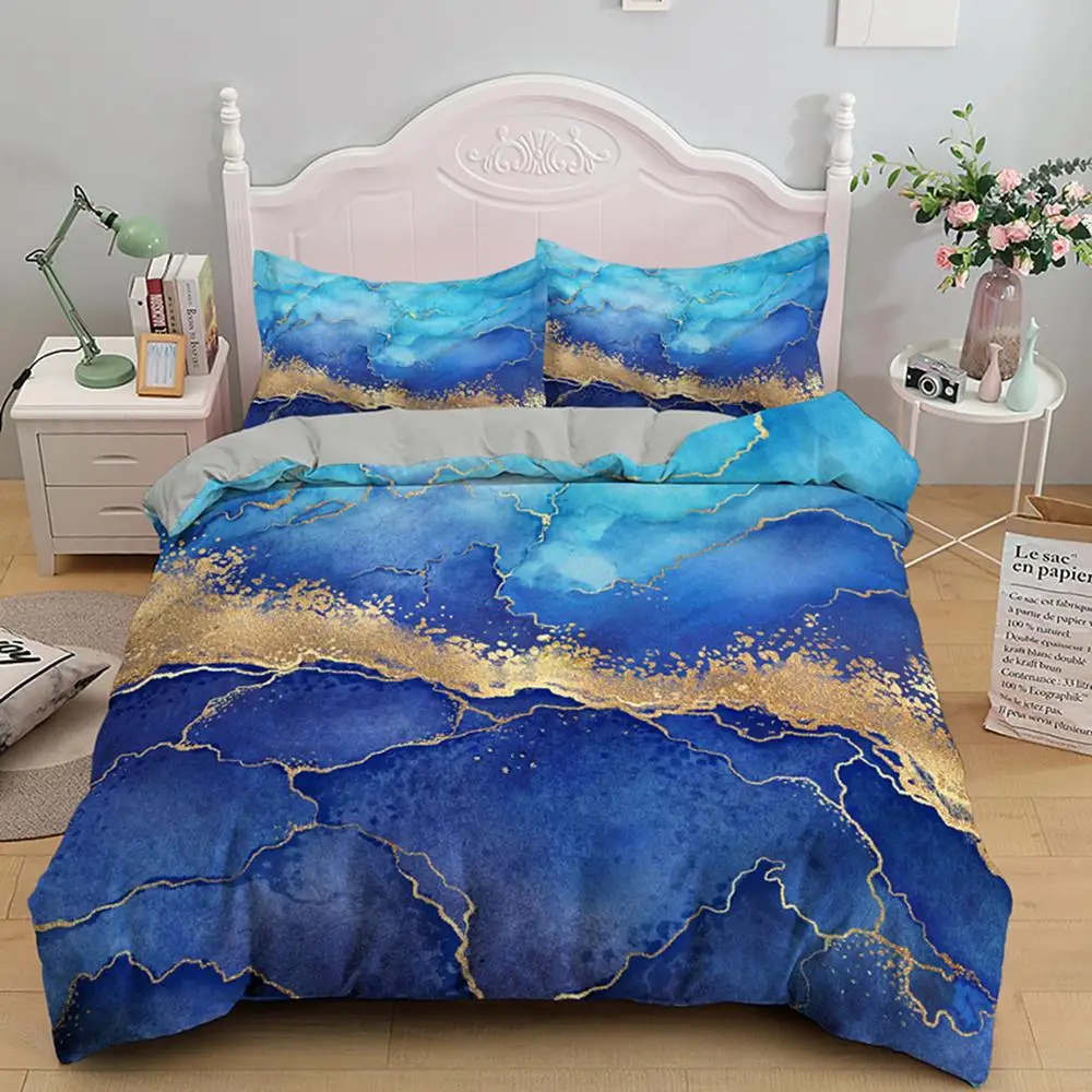 

Drop Shipping Marble Texture Bedding Set Geometric Golden Quicksand Duvet Cover Colorful Luxury Bed Covers With Pillowcase