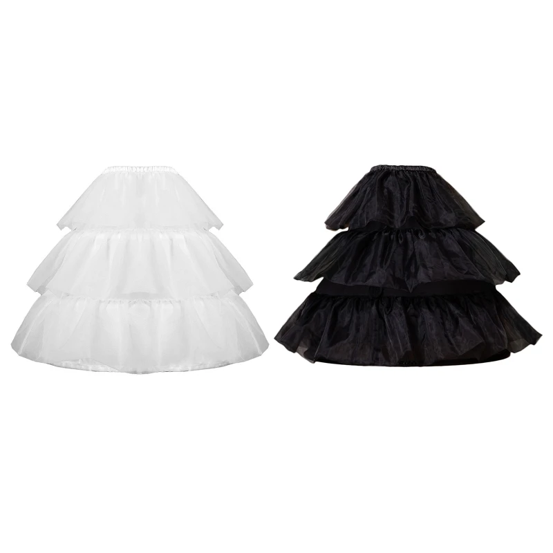 

Womens Lolita Elastic Waist Short Petticoat Skirt 3 Tiered Ruffles Layers Tulle Dress Crinoline Half Slips Ball Gown Adjustable