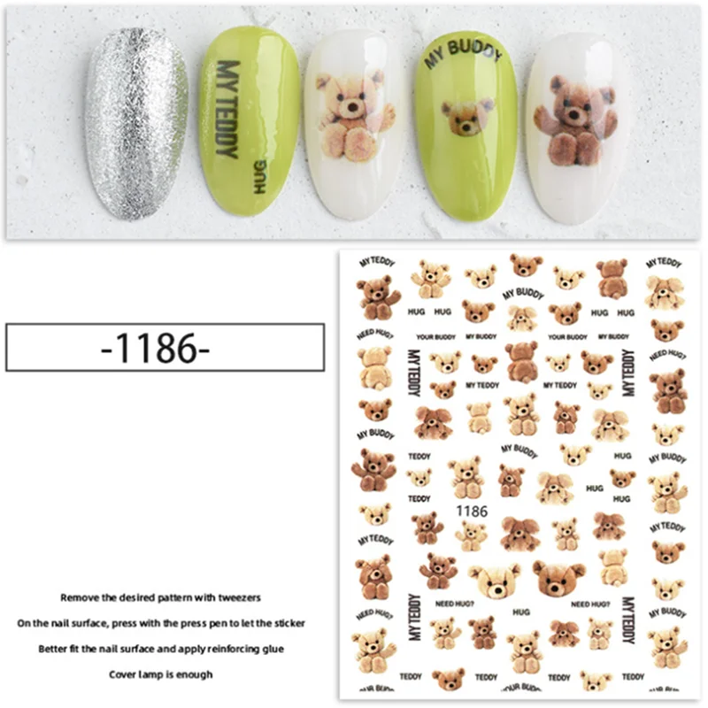 

10PCS Lovely Bear Nail Sticker for Nails Decoration Adhesive Nails Art Stickers Design Manicure Cute Pink Back Glue Decals