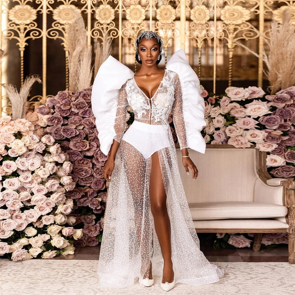 

Boho Sexy Bride Dresses Sheer Lace Applique robe de mariee White Tulle Bridal Dress Party Wear Long Sleeve vestido de noiva