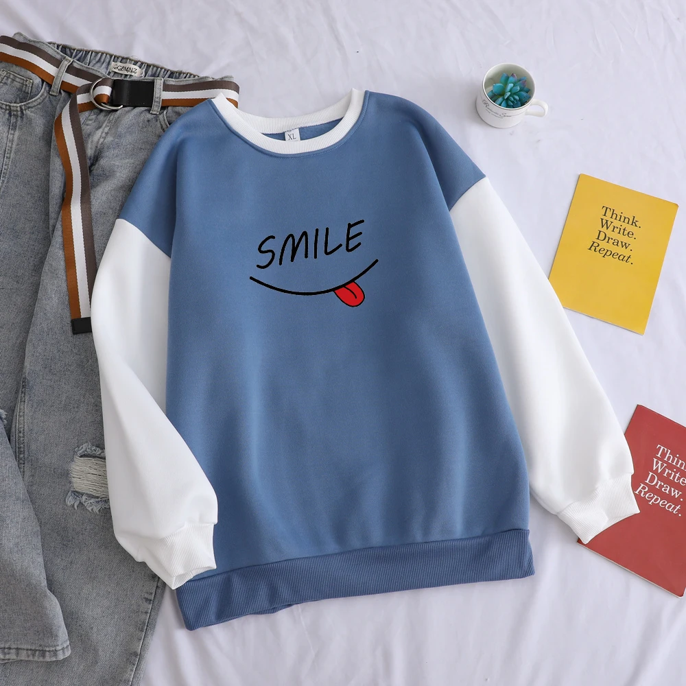 

Kawaii Cute Smiling Face Hip-Hop Patchwork Pullover Fashion SMILE O-neck Solid Loose Streetwear Women Casual Female Sports Wear