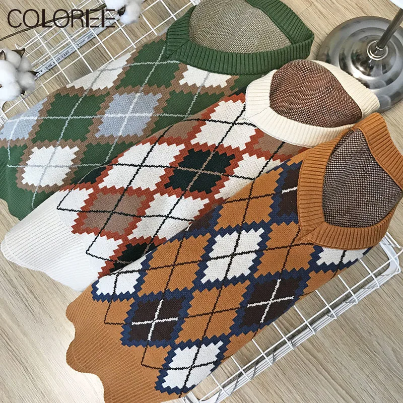 

Runway Designers Tops for Women 2021 Vintage V-neck Argyle Knitted Vest Autumn Winter Loose Casual Sweater Vest Mujer