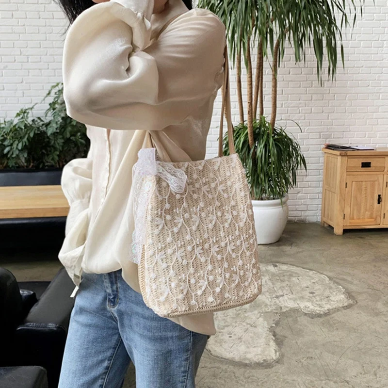 

Lace Straw Woven Women's Shoulder Bag Fashion Bohemian Handbag Large Capacity Bag Travel Beach Bag
