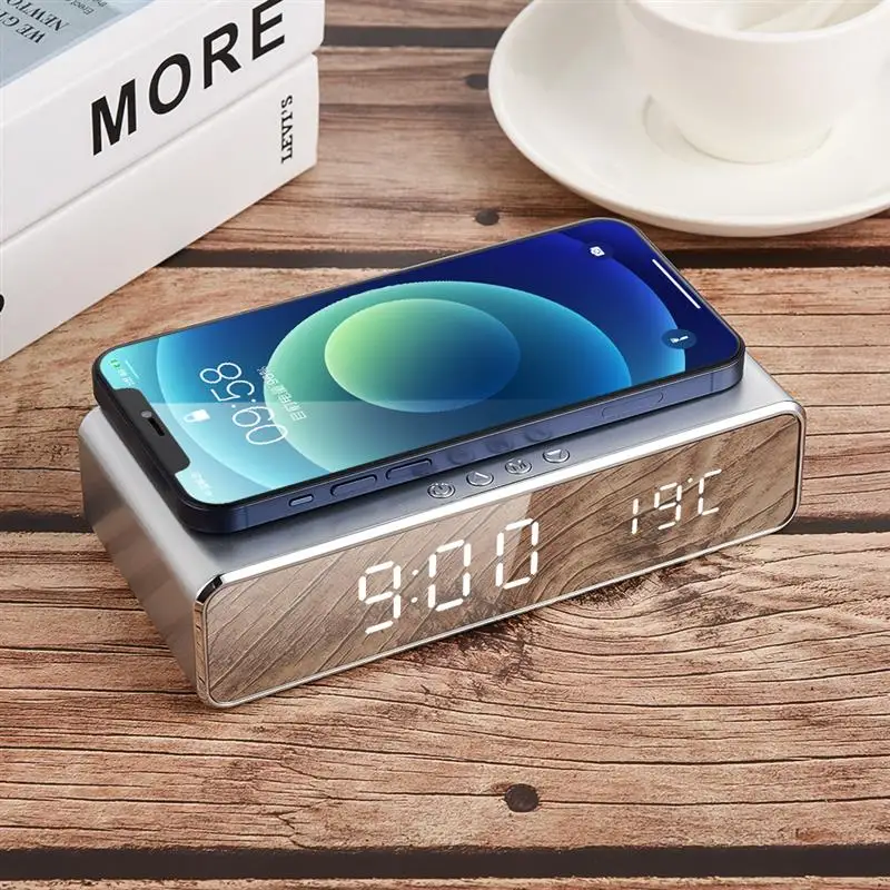 

LED Electric Alarm Clock Digital Thermometer Clock HD Mirror Clock With Phone Wireless Charger And Date