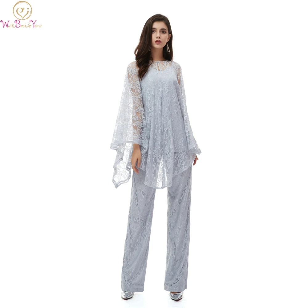 

Elegant Lace Women's 3 pieces Ruffles Mother of The Bride Dresses 2020 Pants Suit Long Sleeves With Jacket Outfit For Wedding