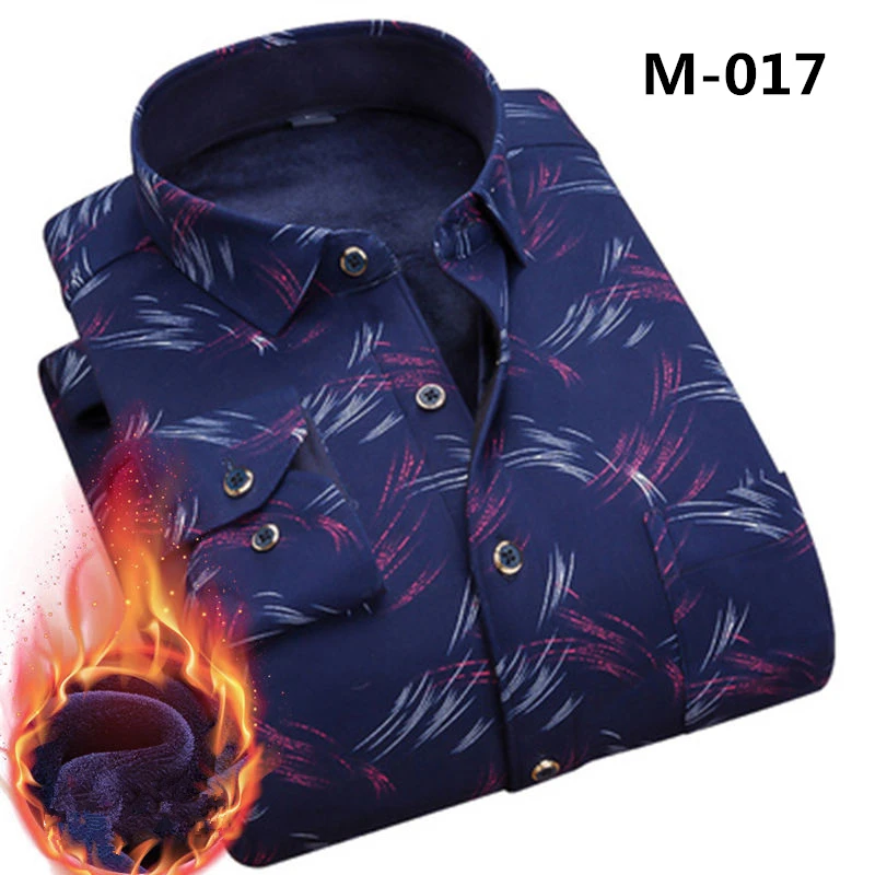 Fashion Men's Print Plaid Warm Thick Velvet Fleece Shirts Winter Long Sleeve Dress Shirt for Men Soft Flannel Camisa Masculina - Цвет: M-017
