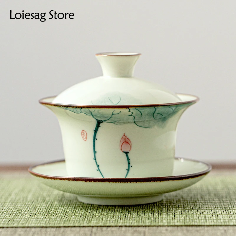 

Loiesag 170ml Hand-painted Gaiwan Teacup Ceramic Tea Making Large Single Lotus Kung Fu Tea Cup Tea Set Sancai Cover Bowl Set