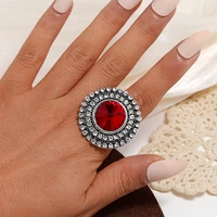 antique women finger ring vintage style boho tibetan round crystal red blue green stone rings for female bridal wedding jewelry