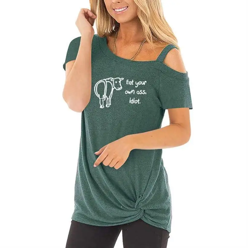

New Arrival T-Shirt For Women Skew Collar Leisure T-Shirt Animal Graphic Letters Print T-Shirt Vegan Women Summer Tops T-shirt