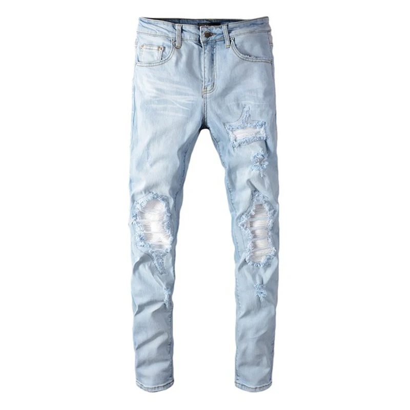 

New Men's male pale light blue white pleated patchwork jeans Fashion slim skinny holes ripped stretch denim pants trousers