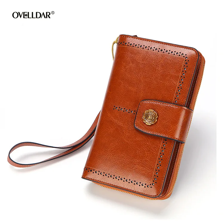 

Genuine Leather Wallet Spot Oil Wax Cowhide Long Section Lady Zipper Bag Retro Mobile Phone Bag Woman Wallet