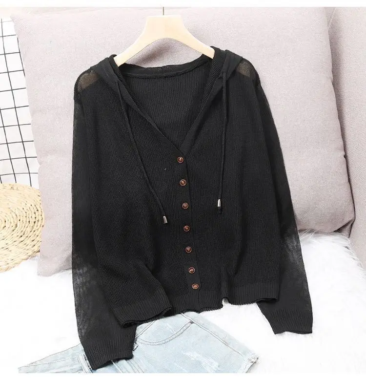 

2021 New Summer Knitted Cardigan Coat Women's Hooded Coat Ice Silk Sweater Thin Hollow Sunscreen Exterior