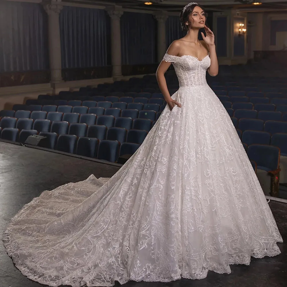 

Bridal Gown 2021 New Sexy Boat Neck Backless Bride Wedding Dress Luxury Lace Crystal Vestido De Novia Robe