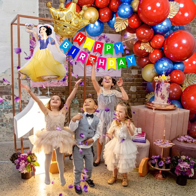 Globos Blancanieves para ni&ntilde;os y ni&ntilde;as, arcos coloridos para fiesta de cumplea&ntilde;os, cartel de feliz cumplea&ntilde;os, globos de corona-4