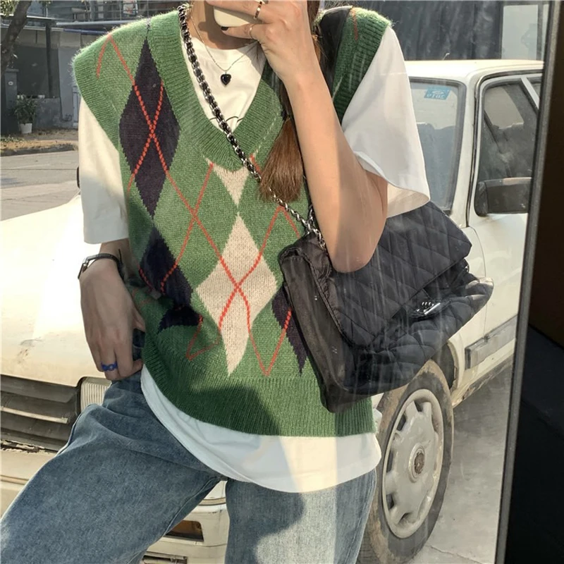 

Sweater Vests Women Vintage Panelled Sleeveless Jumpers Preppy Style Knitwear Female Autumn V-neck Argyle Plaid Knitted Tank Top