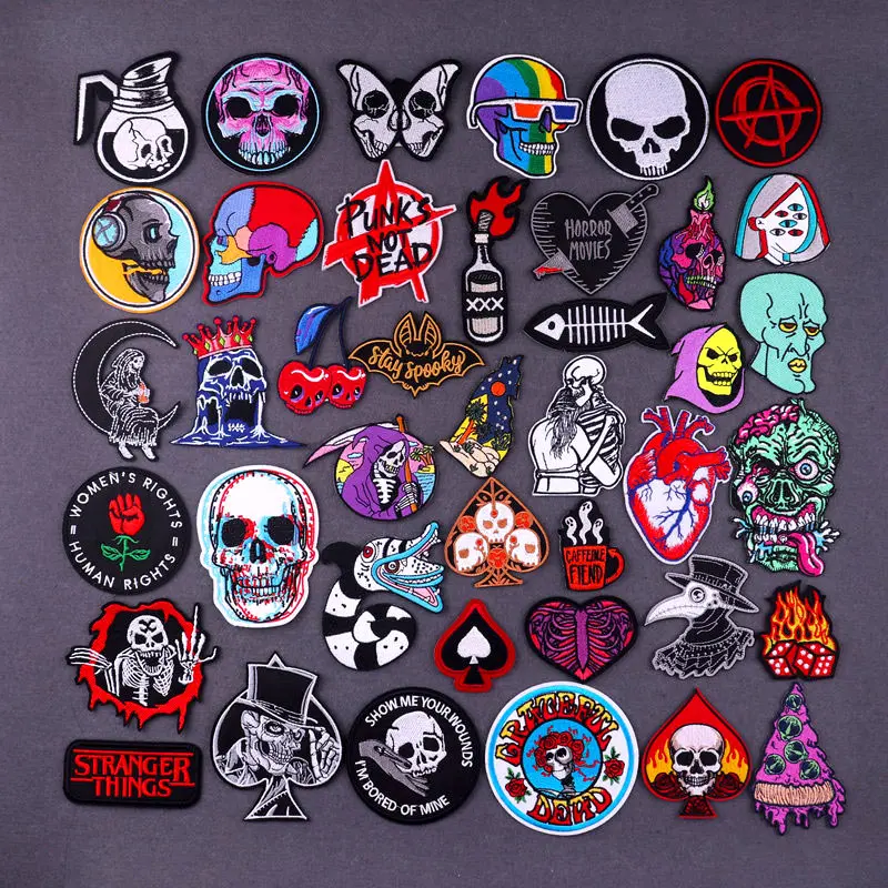 

Colorful Skull Embroidered Patches For Clothing Thermoadhesive Patches Punk Hippie Iron On Patches On Clothes Badges For Clothes