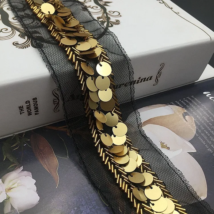 1 ярд золотые бусины блестки сетка кружевная лента блестящая отделка ткань