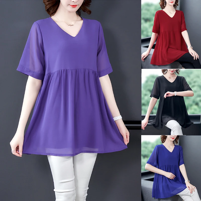 2021 Новые Летние шифоновые Блузы с коротким рукавом рубашки для женщин