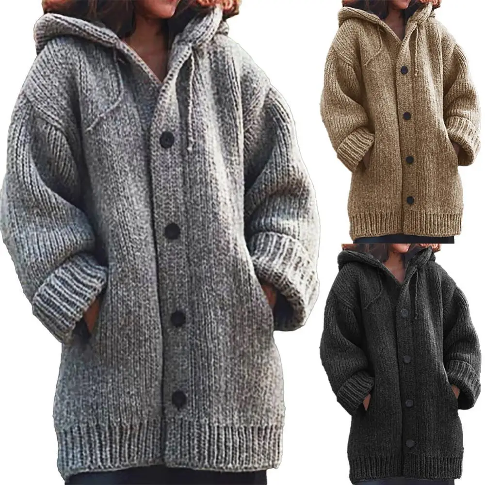 

2021 Women Coat Autumn Winter Solid Color Single-breasted Warm Casual Knitted Cardigan Midi Hooded Coat Female Long Outwear