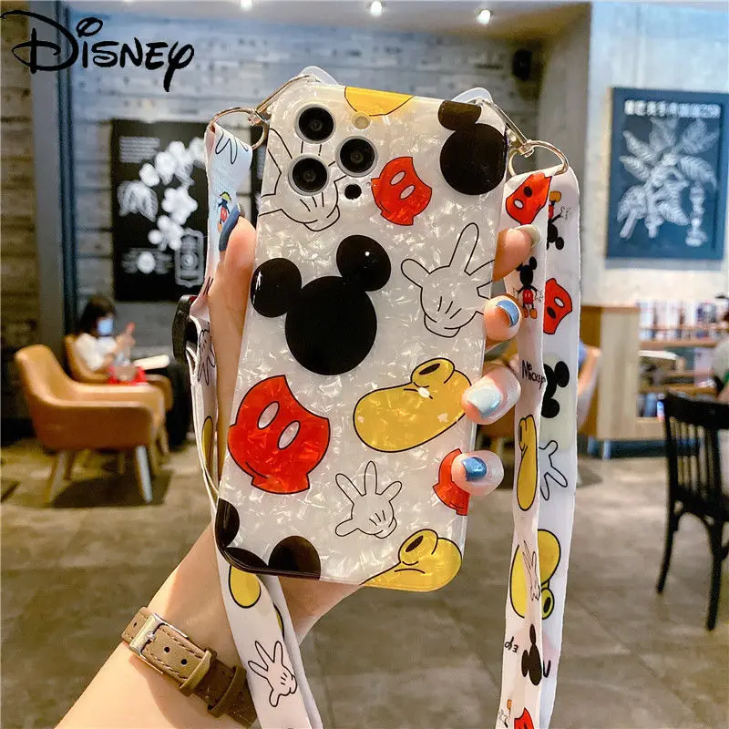 

Disney Mickey for IPhone 7/8P/X/XR/XS/XSMAX/11/12Pro Shell Pattern Diagonal Lanyard Cartoon Mobile Phone Case