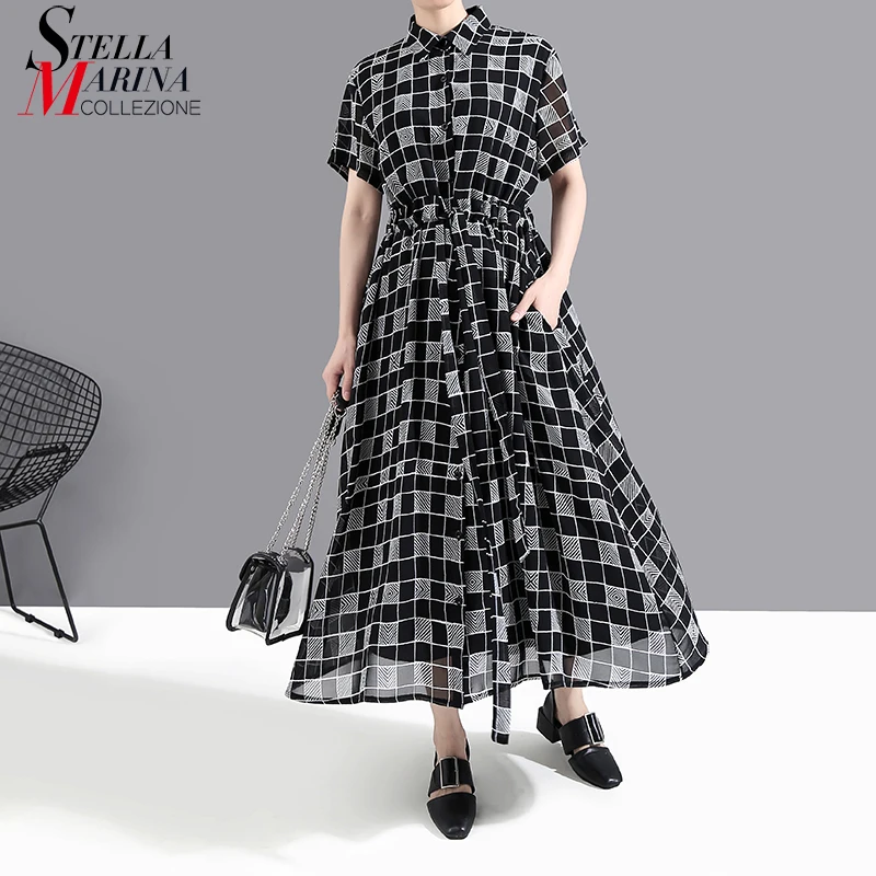 Новый 2020 Для женщин Летнее модное Черное длинное платье в клетку с поясом и