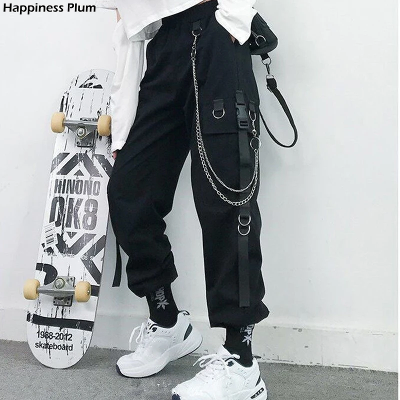 

Women Cargo Pants Harem Pants Fashion Punk Pockets Jogger Trousers with Chain Harajuku Elastics High Waist Streetwear Overalls