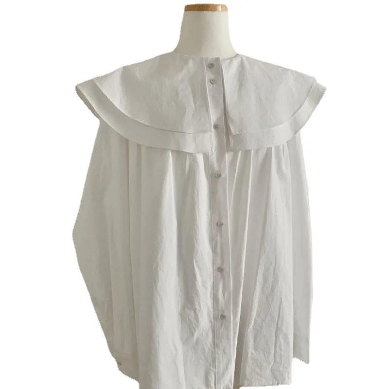 

2021 Spring New Single Breasted Women Blouse Long Sleeve Femme Blusas Double Peter Pan Collar Pleated Shirt Solid Color